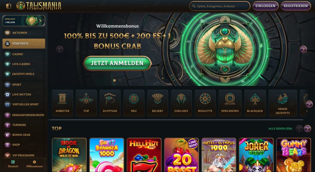 Talismania Casino Startseite mit Bonusbanner und Spielauswahl